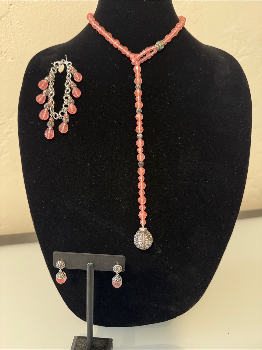 Pink Beaded Lariat Necklace and Earring Set 3 piece MASSIVE deal. Only wore once